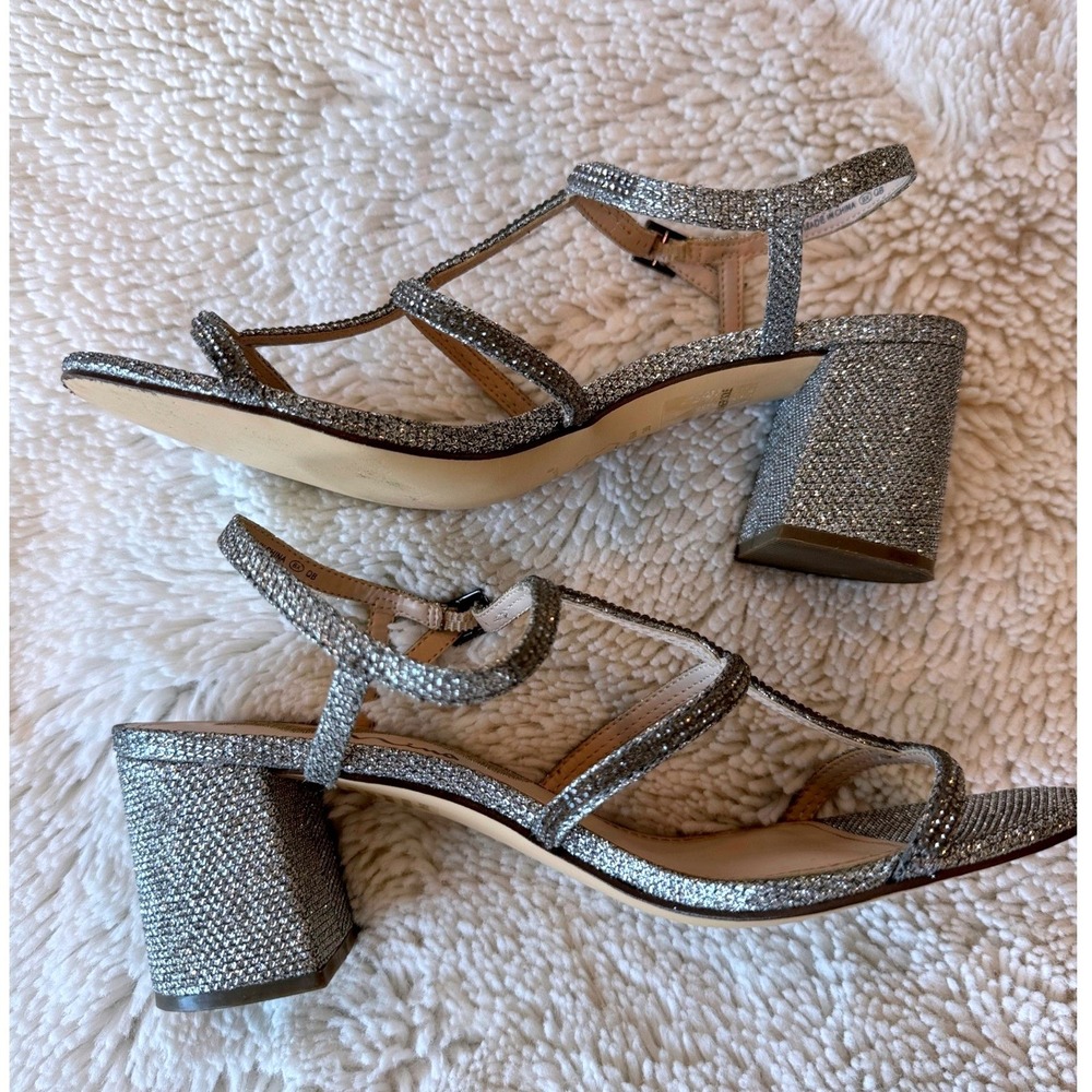Nina Strappy Block Heel Sandals Silver Rhinestone Glam Formal Size 6M‎